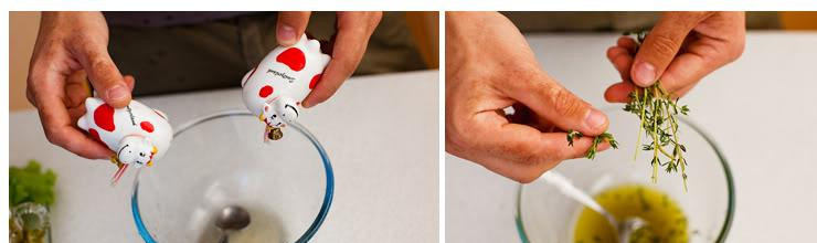 1. Этап. Салат из сулугуни и винограда: Добавляем соль, перец и тимьян. Пусть постоит.