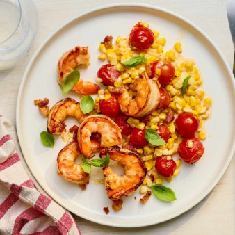 Creamy Skillet Shrimp with Corn, Pancetta, and Tomatoes