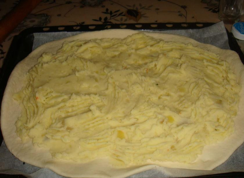 1. Этап. Пирог ЧЕРЕПАШКА: Из воды, соли, сахара, дрожжей и муки замесить дрожжевое тесто и поставить в теплое место для расстойки. Картофель отварить, сделать из него картофельное пюре. Грибы порезать на кусочки, обжарить на сковороде до готовности. Мясной фарш смешать с мелко порезанным луком и обжарить до готовности. Когда тесто увеличится в объёме в 2-3 раза, можно приступать к созданию шедевра. Тесто делим на 2 части. Одну часть раскатываем в лепёшку толщиной примерно 1 см. На неё выкладываем слой картофельного пюре.