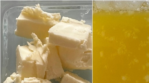 1. Этап. Тарт с клубникой и сметанной заливкой: Масло для теста надо растопить. Но! Растопив, я его охладил до температуры тела. Чтобы муку не заварить, значит. Это условие, которое: как утверждает автор рецепта, обязательно к выполнению.