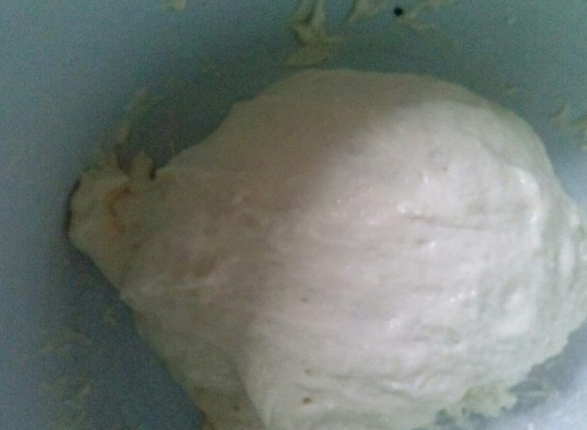 1. Этап. Выпечка на сыворотке: 2. Замешиваем классическое дрожжевое безопарное тесто: в теплую сыворотку высыпаем дрожжи, щепотку соли, сахар и муку. Начинаем замешивать тесто и постепенно вливаем растительное масло. Тесто должно быть мягким и не липнуть к рукам. Оставляем его в теплом месте на 1 час. На сыворотке тесто подходит очень быстро.