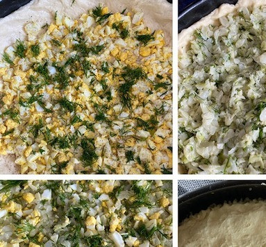 1. Этап. Пирог с капустой на дрожжевом тесте: Выкладываем начинку : 1. половину нарезанных яиц присыпаем нарезанным укропом (по желанию, мы очень любим, но можно и без него нелюбителям), непоно солю и перчу, 2. всю готовую капустную начинку 3. повторяем процедуру с оставшимся яйцом. 4. накрываем пирог меньшей частью теста и защипываем края нижнего и верхнего слоев теста между собой (я помогаю себе вилочкой для лучшей сцепки теста)