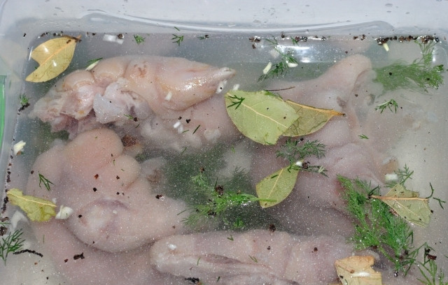 1. Этап. Свиные ножки по-армянски: 6. Последний процесс, который включает в себя рецепт приготовления свиных ножек по-армянски - это маринад. Подготовьте еще одну емкость с литром воды. Добавьте туда ложку соли, уксус, чеснок, перец, лавровый лист, немного зелени. Опустите ножки в маринад и оставьте на 10-12 часов. После уберите в холодильник еще на день примерно.