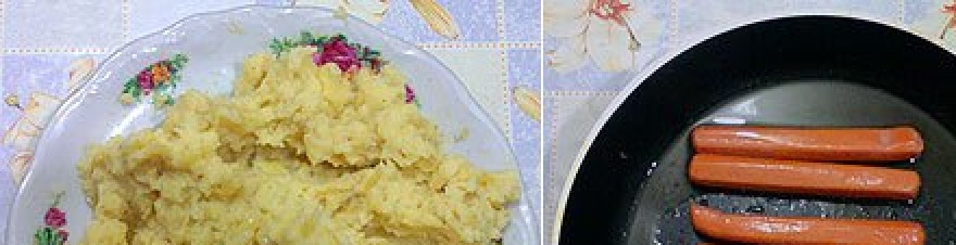 1. Этап. Картофельные зразы с сосиской: Немножечко обжариваем сосиски на сковороде.