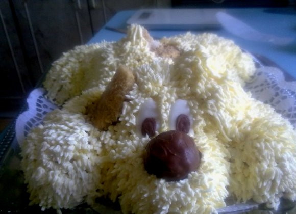 1. Этап. Торт Собачка из крема: Глаза и нос собачке делаем из шоколада или конфет. Растопленный шоколад можно добавить в крем и получить шерсть другого цвета.