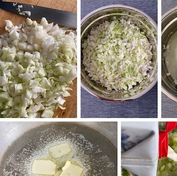 1. Этап. Пирог с капустой на дрожжевом тесте: Небольшой кочан капусты нарезаем кубиком. Добавить 1 столовую лложку соли, перемешать и залить кипятком так, чтобы вода покрывала всю капусту. Оставить на 10-15 минут. Сливаем воду. В большой глубокой сковороде разогреваем сливочное и растительное масло, выкладываем капусту. Обжариваем капусту на среднем огне 7-10 минут. Затем вливаем в капусту молоко, уменьшаем огонь, и доводим капусту до готовности еще минут 15-20 (зависит от капусты). Вся жидкость должна выпариться. Пробуем на вкус, если необходимо солим и добавляем черный перец (при желании). В итоге вес начинки капустной составил 850 г - специально взвесила