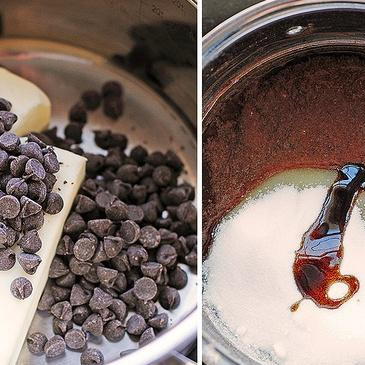 1. Этап. Шоколадные пирожные с теплым шоколадным соусом: 1. Разогреть духовку до 160 градусов. Выстелить квадратную форму размером 22Х22 см алюминиевой фольгой или смазать маслом. В кастрюле на медленном огне постепенно растопить шоколад со сливочным маслом до однородной консистенции, постоянно помешивая. Снять с огня, размешать с сахаром и ванильным экстрактом. Дать смеси немного остыть.