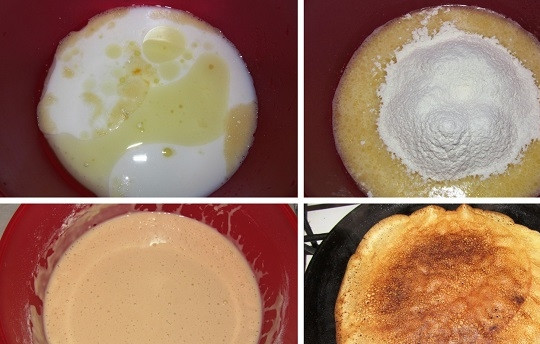 1. Этап. Блины с печенкой: 3. Для приготовления теста соедините яйцо, стакан кефира и полстакана воды, просеянную муку, соль, соду и сахар. Перемешайте, чтобы получилось однородное тесто без комочков. Добавьте растительное масло и жарьте тоненькие блинчики на сухой сковороде до румяности.