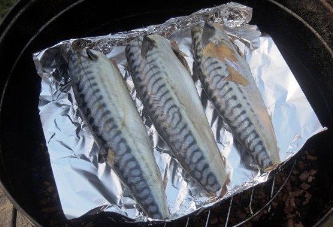 1. Этап. Скумбрия горячего копчения в коптильне: Установите поддон для сбора жира, решетку и разложите рыбу. Если у вас нет поддона или его неудобно использовать, можно обойтись обычной фольгой – просто застелите решетку и выложите сверху рыбу. Тушки не должны прикасаться друг к другу.