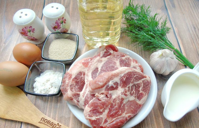 1. Этап. Отбивные в чесночно-укропном маринаде: Подготовьте ингредиенты для приготовления отбивных в чесночно-укропном соусе.