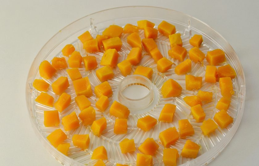 1. Этап. Цукаты из тыквы без сахара: Выложите кусочки тыквы на поддон сушилки. Оставьте сушиться на 4-6 часов.