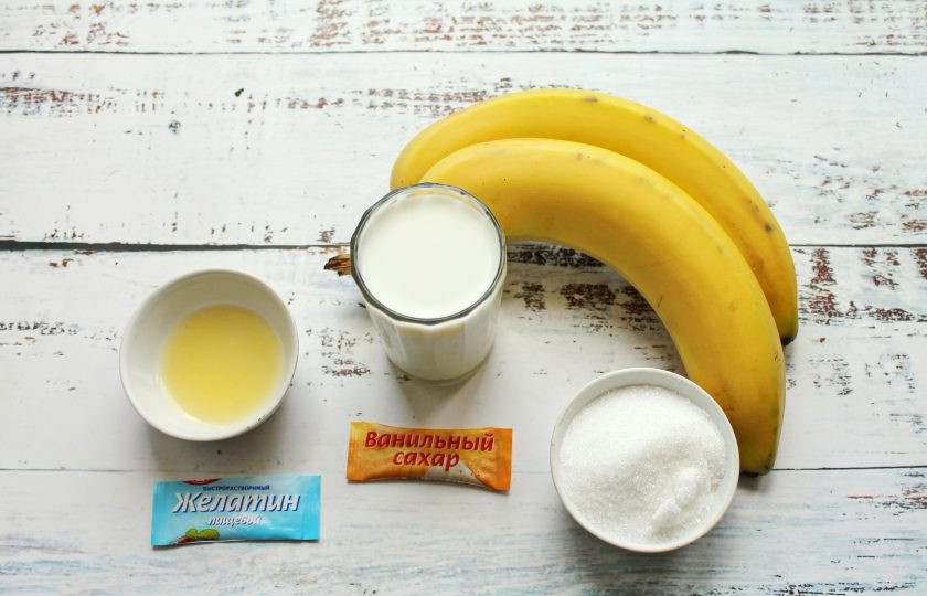 1. Этап. Банановый мусс для торта: Подготовьте все необходимые ингредиенты для приготовления бананового мусса для торта.