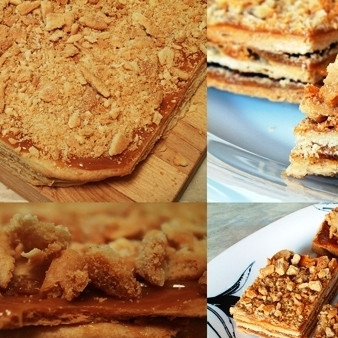 1. Этап. Пирожное с варёной сгущёнкой: Придаем торту ровную прямоугольную форму, обрезая края. Края измельчаем в крошку, посыпаем ими наше пирожное. Красивое пирожное ставим в холодильник на пару часов, а лучше - на ночь, после чего оно будет готово к употреблению.