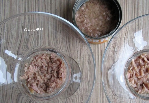 1. Этап. Салат с тунцом Зимние сказки: На дно порционных салатников или бокалов выложите филе тунца, отжимая от лишнего масла.