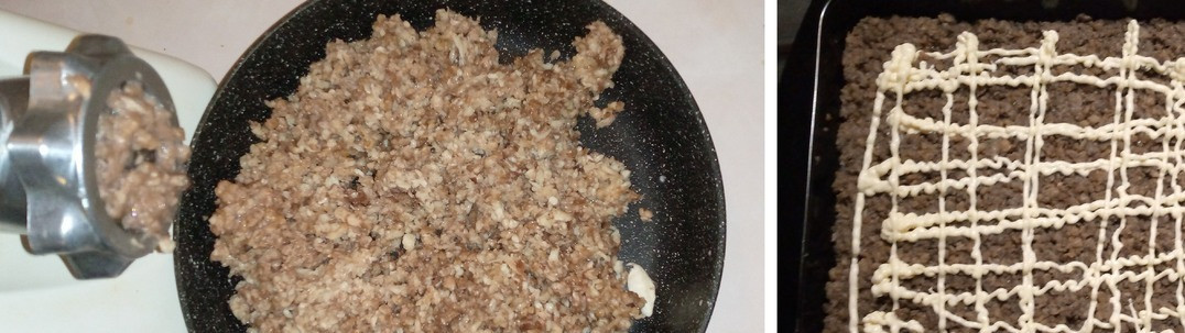 1. Этап. Салат Грибоза: Грибы провернуть мясорубкой. Грибной фарш крепко посолить (можно даже пересолить). На сковороде максимально выпарить из него влагу. Масел не добавлять, крышкой не накрывать. На обычной антипригарной сковороде ничего не подгорает. Влаги будет много, это займёт прилично времени. Чем больше выпарить, тем меньше влаги стечёт на дно посуды в процессе хранения салата. Если это не пугает, то можно не сильно 