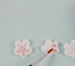 1. Этап. Сахарные цветы: Когда цветы из мастики подсохнут, кисточкой нанесите краситель, начиная от центра цветка и далее – по центру лепестков. Излишки красителя смахните другой, чистой кисточкой.