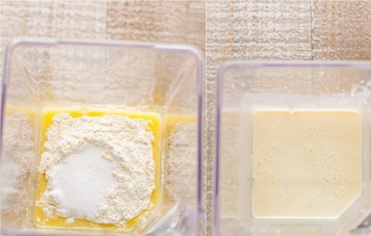 1. Этап. Блинный торт Пломбир: 1. В миску добавьте ингредиенты: теплую воду, молоко, яйца, 4 столовые ложки растопленного масла, муку, сахар и щепотку соли. Смешайте до тех пор, пока концистенция не станет однородной.