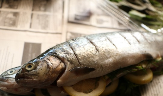 1. Этап. Форель на мангале: 3. Солью и перцем натрите рыбу со всех сторон и немного взбрызните соком лимона. Сделайте по поверхности небольшие надрезы. С помощью кисточки смажьте небольшим количеством оливкового масла. В таком виде подержите рыбу около получаса перед приготовлением.