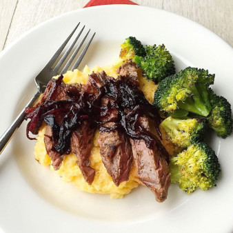 Skirt Steak with Balsamic-Glazed Onions and Creamy Polenta