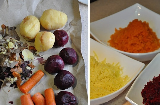 1. Этап. Простой рецепт Селедки под шубой: 1. Картофель, свеклу, морковь отварите до готовности. Затем очистите и натрите на терке.