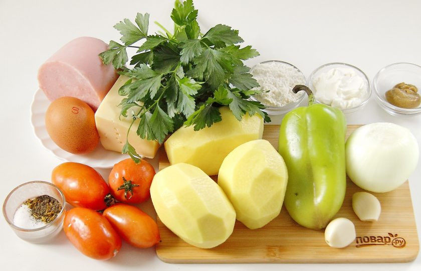 1. Этап. Картофельная запеканка на сковороде: Подготовьте все ингредиенты.