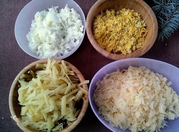 1. Stage. Blizzard salad: Divide the eggs into proteins and yolks, grate. Also grate potatoes and cheese.