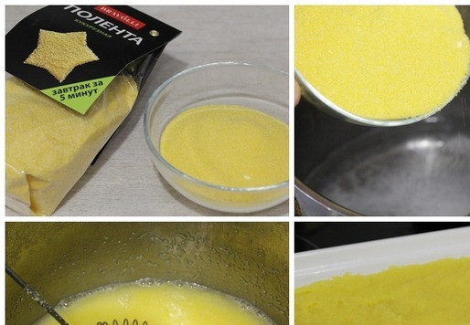 1. Этап. Полента с грибами и сыром: Приготовить поленту. У меня кукурузная полента ТМ Bravolli. В кастрюлю влить воду, довести до кипения, добавить соль. Помешивая венчиком, постепенно всыпать поленту в воду. Убавить огонь до слабого и, помешивая, готовить поленту в течение 2-3 минут. Когда она будет готова, снять её с огня, добавить 1 ст. л. сливочного масла, хорошо размешать. Горячую поленту выложить в неглубокую форму для запекания (форму предварительно смазать маслом или застелить бумагой для выпечки), разровнять и дать остыть. Размер моей формы 22х28 см.