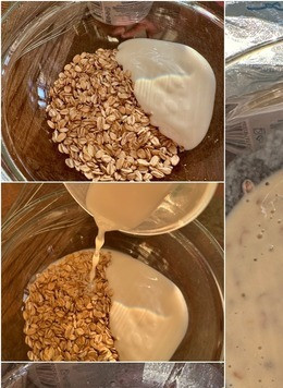 1. Этап. Овсяный блин. Зимний завтрак: Просто взять ломоть хлеба и на нем устроить вот такой бутерброд? Можно! Но это не наш, что называется, метод. Будем пытаться питаться модно. Чтобы там никаких глютенов с казеинами, а одна чистая польза. Так уж вышло, что попыток было две. Первая. Продукты: геркулес - 3 ст. л., греческий (я взял козий натуральный без добавок) йогурт – 2 ст. л., молоко 60 гр., яйцо - 1 шт.. соль – щепотка. Все хорошо перемешал, тщательно. И дал постоять минут десять. Ну типа, чтобы хлопья припухли. Или набухли? В общем, десять минут дал постоять.