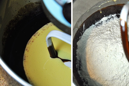 1. Этап. Шоколадный торт с заварным кремом: Потом добавьте яичную смесь и взбейте. Затем — муку и снова все перемешайте до однородности.