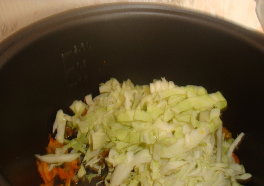 1. Этап. Щи с курицей в мультиварке: После звукового сигнала кладем тонко нарезанную капусту, перемешиваем.