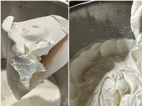 1. Этап. Торт  Клубничный Поцелуй: Крем. Творожный сыр смешал с сахарной пудрой и сливками. Взбивал на высокой скорости минут десять до светлой, пышной массы.