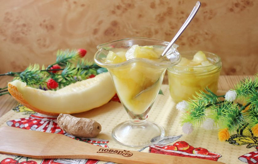 1. Этап. Варенье из дыни с имбирем: Варенье из дыни с имбирем готово. Горячее варенье разложите в стерилизованные баночки и храните в прохладном месте.