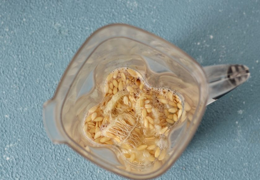 1. Этап. Дынное молоко: В блендере измельчите дынные семечки и воду. Жидкость должна получится густой, белого цвета.