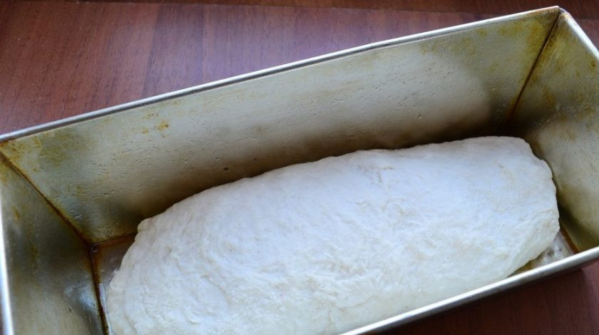 1. Этап. Хлеб обычный: Форму для выпечки смажьте маслом. Переложите в неё тесто. Оставьте тесто под полотенцем на 1 час.