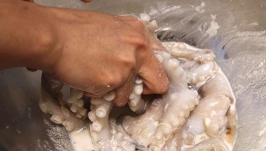 1. Этап. Осьминог по-корейски: Затем воду сливаем. Смешиваем соль и муку и этой смесью массируем-очищаем осьминога несколько минут.