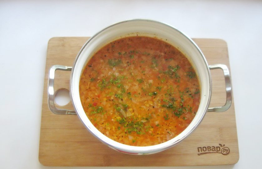 1. Этап. Суп Харчо с пшеном: А также нарезанную зелень.