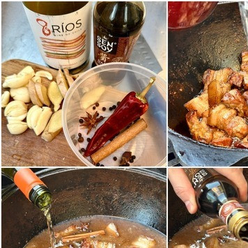 1. Этап. Хо шау ру. Свинина Мао Цзэдуна: Дальше залил свинину водой, добавил белого вина (в идеале – рисового), соевый соус. И прогрел. Просто довёл содержимое казана до первых булек.