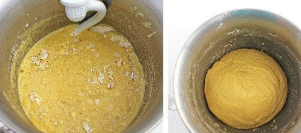 1. Этап. Булочки с творогом и изюмом: 6. Теперь время добавлять просеянную муку. Вымешайте тесто как следует. После переложите в мисочку, накройте чистым полотенцем и оставьте подходить в теплом месте.