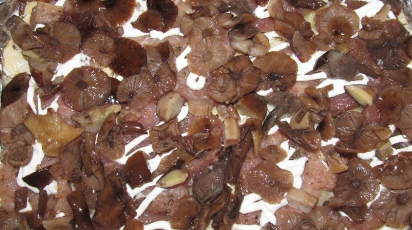 1. Этап. Картошка, запеченная со свининой и сыром: Грибы промываем и нарезаем тонкими пластинками. Выкладываем их на мясо.