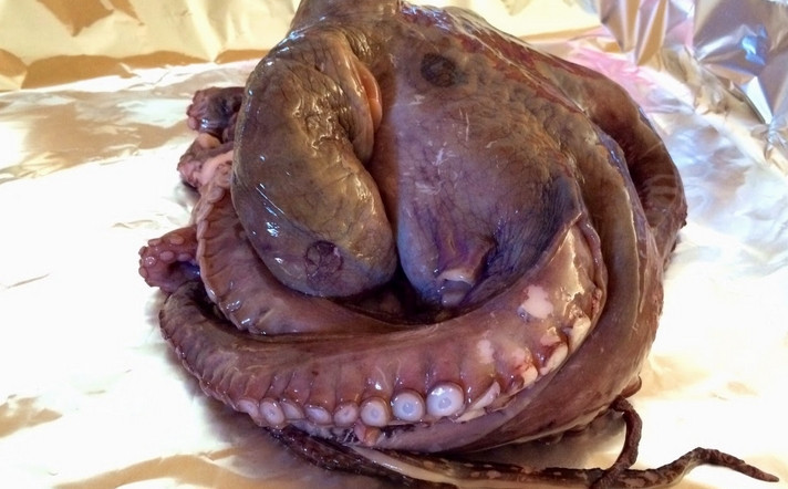 1. Этап. Осьминоги в вине: Застелите противень фольгой в несколько слоев. Выложите осьминога.