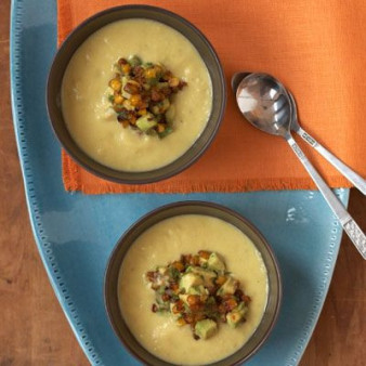 Fresh Corn Soup Topped with Roasted Corn Guacamole