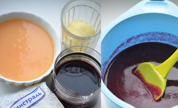 1. Этап. Черничная паста: Затем отвар процедить, добавить сок черники, протертые яблоки, сахар, манную крупу и варить, помешивая, на малом огне 10 мин.