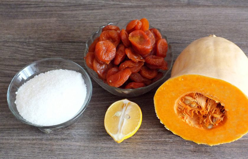 1. Этап. Повидло из тыквы с курагой: Подготовьте необходимые ингредиенты.