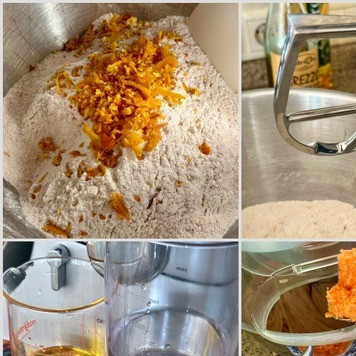 1. Этап. Торт морковный постный: Всё сухое перемешал, добавил цедру. Я ленивый, поэтому тесто будет месить миксер. Вот такую насадку – мешалку использовал. Вода - 290 мл, Масло - 90 гр. Масло растительное. Берите то, которое вам нравится, у меня пошло обычное растительное. Кукурузное. Сначала понемногу добавлял воду, потом масло. Пока не образовалась равномерно перемешанная, довольно жидкая масса. И понемногу ввел в массу тёртую морковь. Триста граммов.