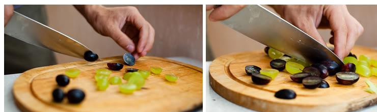 1. Этап. Салат из сулугуни и винограда: Берем большое сервировочное блюдо, смешиваем там половинки виноградинок и салатные листья.