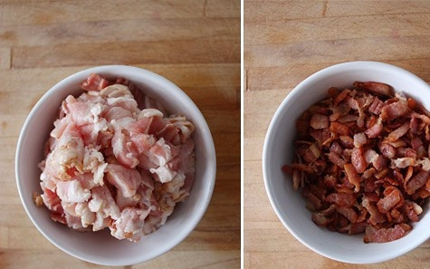 1. Этап. Французский киш: 4. Тем временем можно заняться начинкой. Для этого обжарьте на сковороде нарезанный небольшими кусочками бекон.