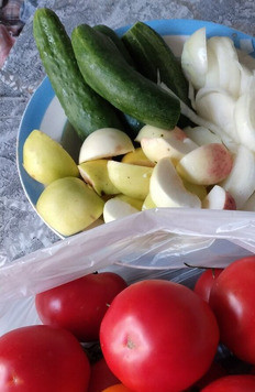 1. Этап. Яблочно-луковые томаты: Лук репчатый порежем кольцами, если мелкий - можно не резать. Яблоки резать дольками (у меня кисло-сладкие опадыши). Помидоры, я положила еще 3 огурца.