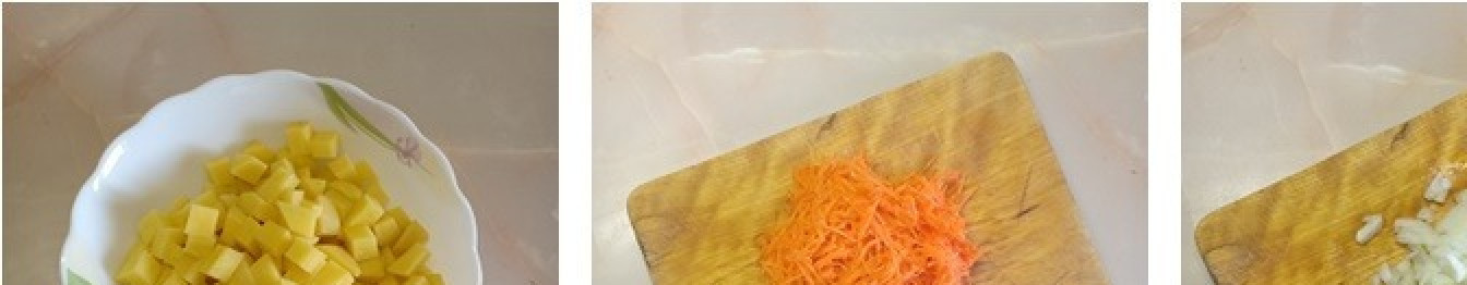 1. Этап. Постный грибной суп с лапшой: Помыть и почистить овощи. Картофель нарезать средними кубиками, лук нарезать мелкими кубиками, морковь натереть на терке.