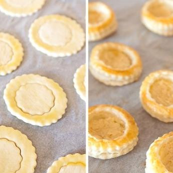 1. Этап. Тарталетки с лососем: Раскатываем слоеное тесто до толщины в 2 мм, вырезаем из него 6 кружков диаметром в 6 см. По краям делаем небольшие надрезы и формируем 