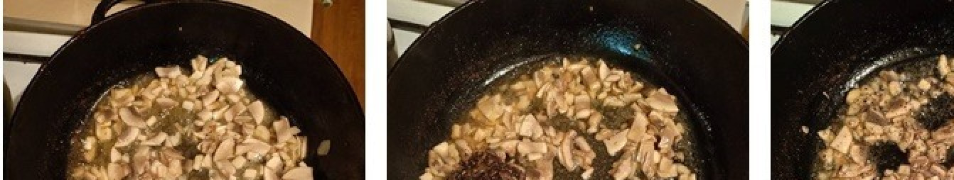 1. Этап. Фаршированные кабачки под сырной корочкой: Грибы обжаривать в той же сковороде до тех пор, пока не выпарится жидкость, поперчить, обжарить еще пару минут и снять с огня.